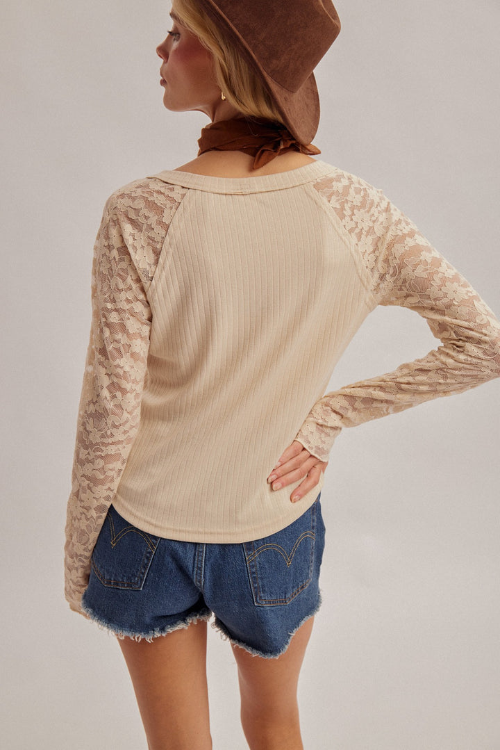 Lace Sleeve Rib Knit - Beige