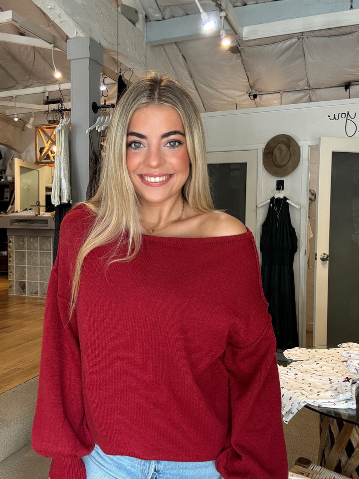 Bubble Sleeve Boat Neck Knit - Berry