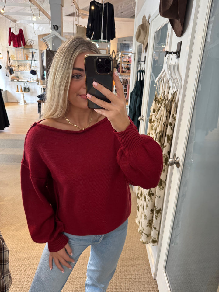 Bubble Sleeve Boat Neck Knit - Berry