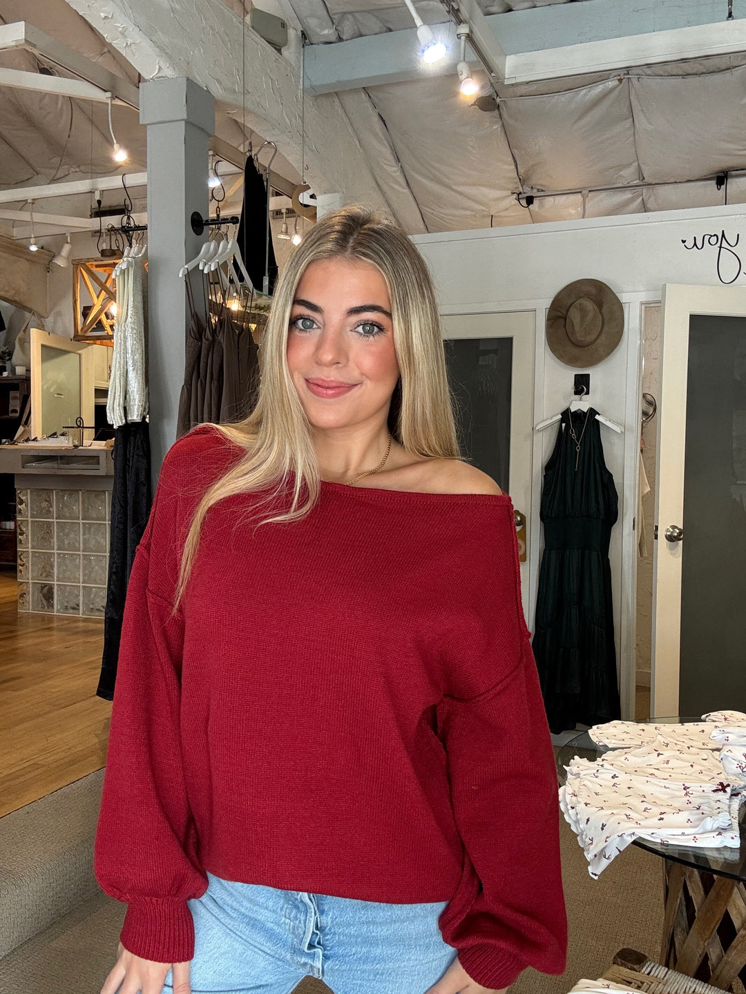 Bubble Sleeve Boat Neck Knit - Berry