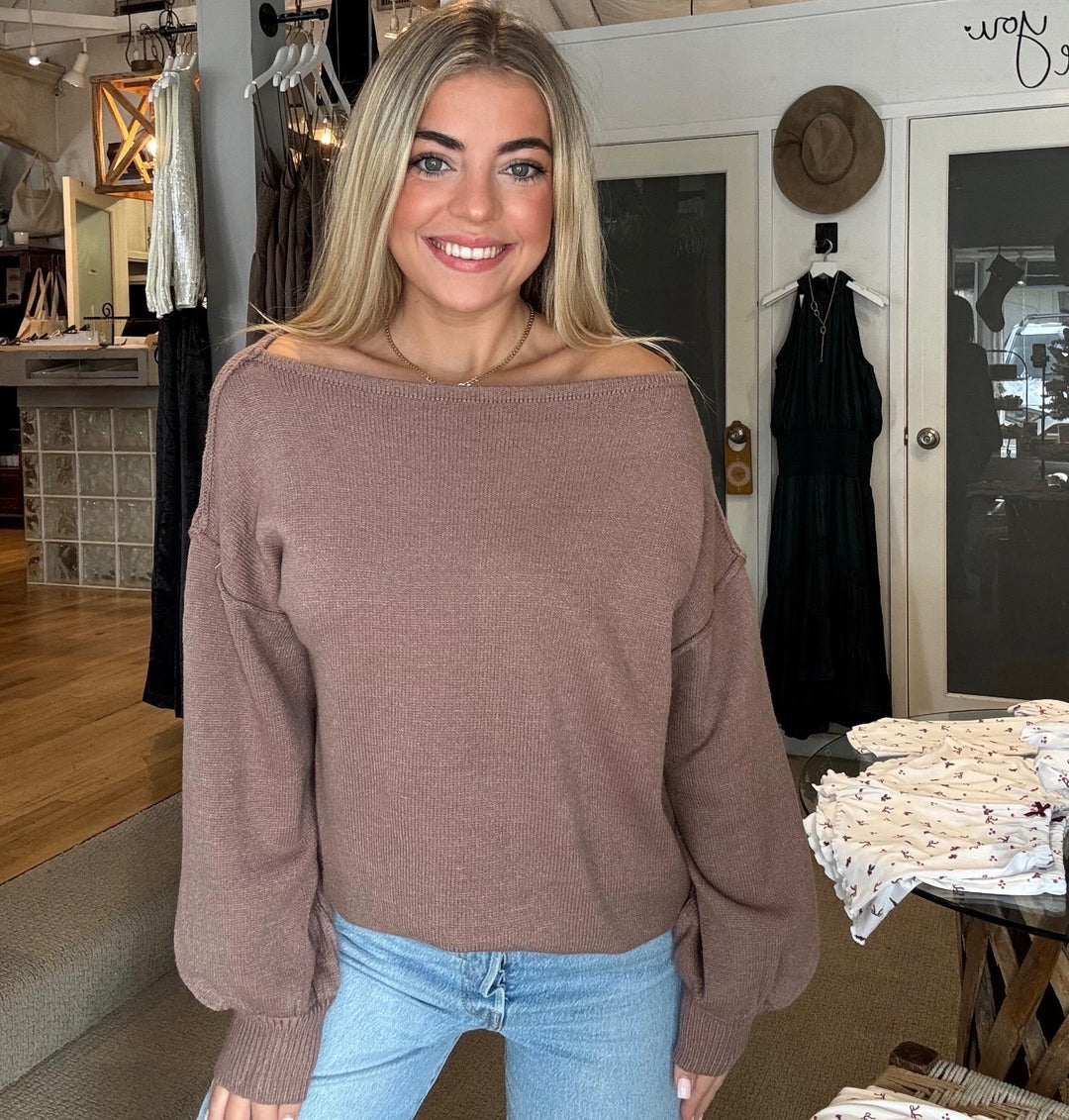Bubble Sleeve Boat Neck Knit - Brown
