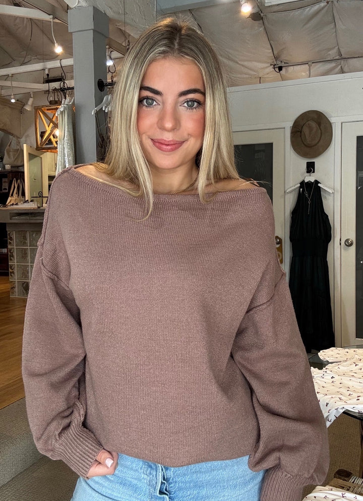 Bubble Sleeve Boat Neck Knit - Brown