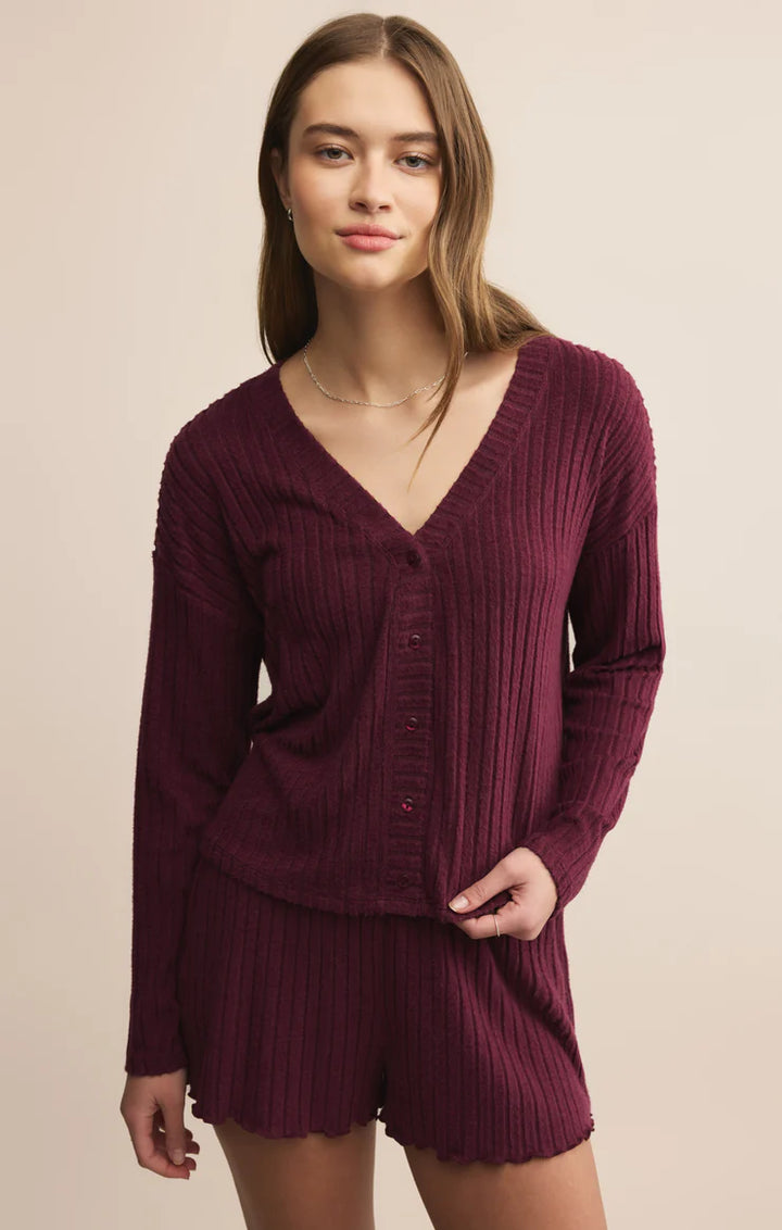 Mara Rib Cardigan  - Merlot